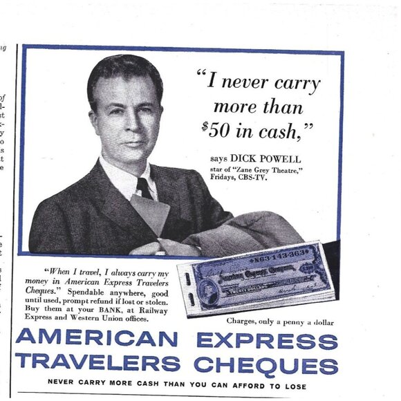 Vintage American Express Travelers Cheques Print Ad Featuring Dick Powell - Picture 2 of 2